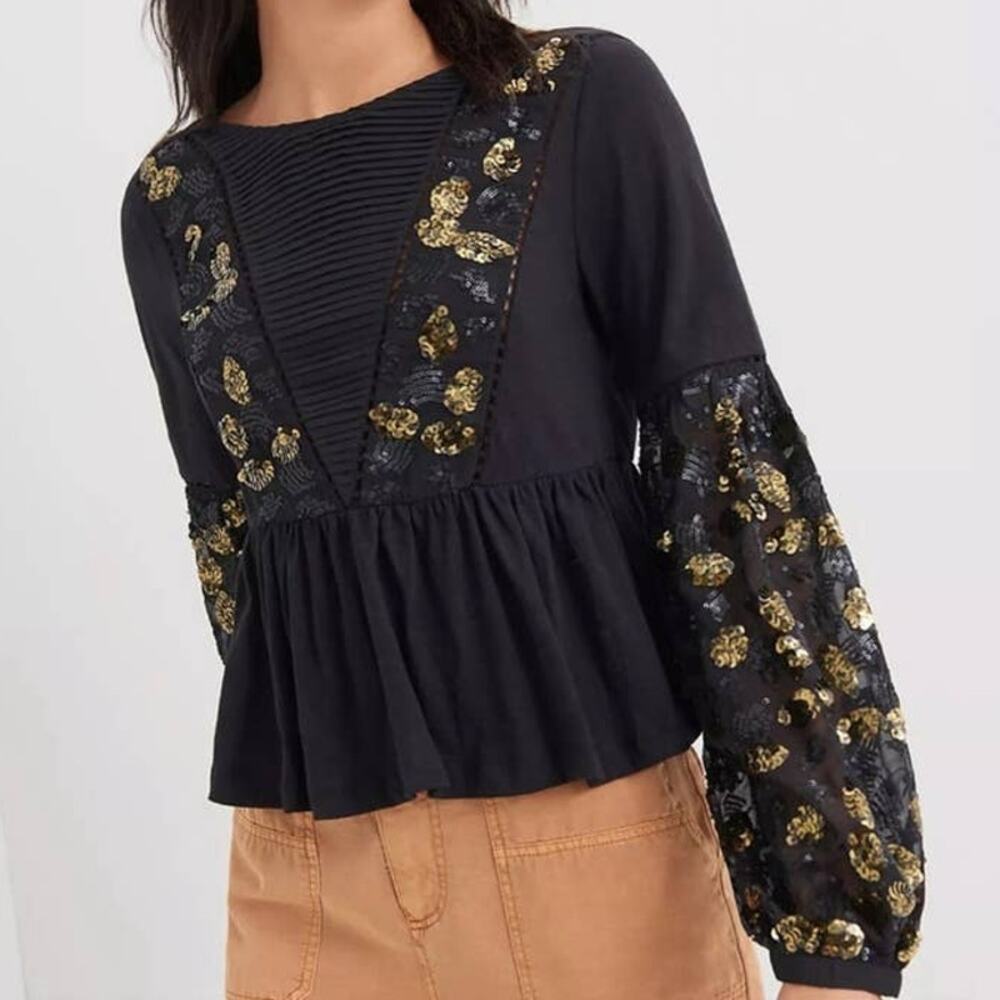 NWT Anthropologie Neale Sequined Black Peplum Top Size XS‎